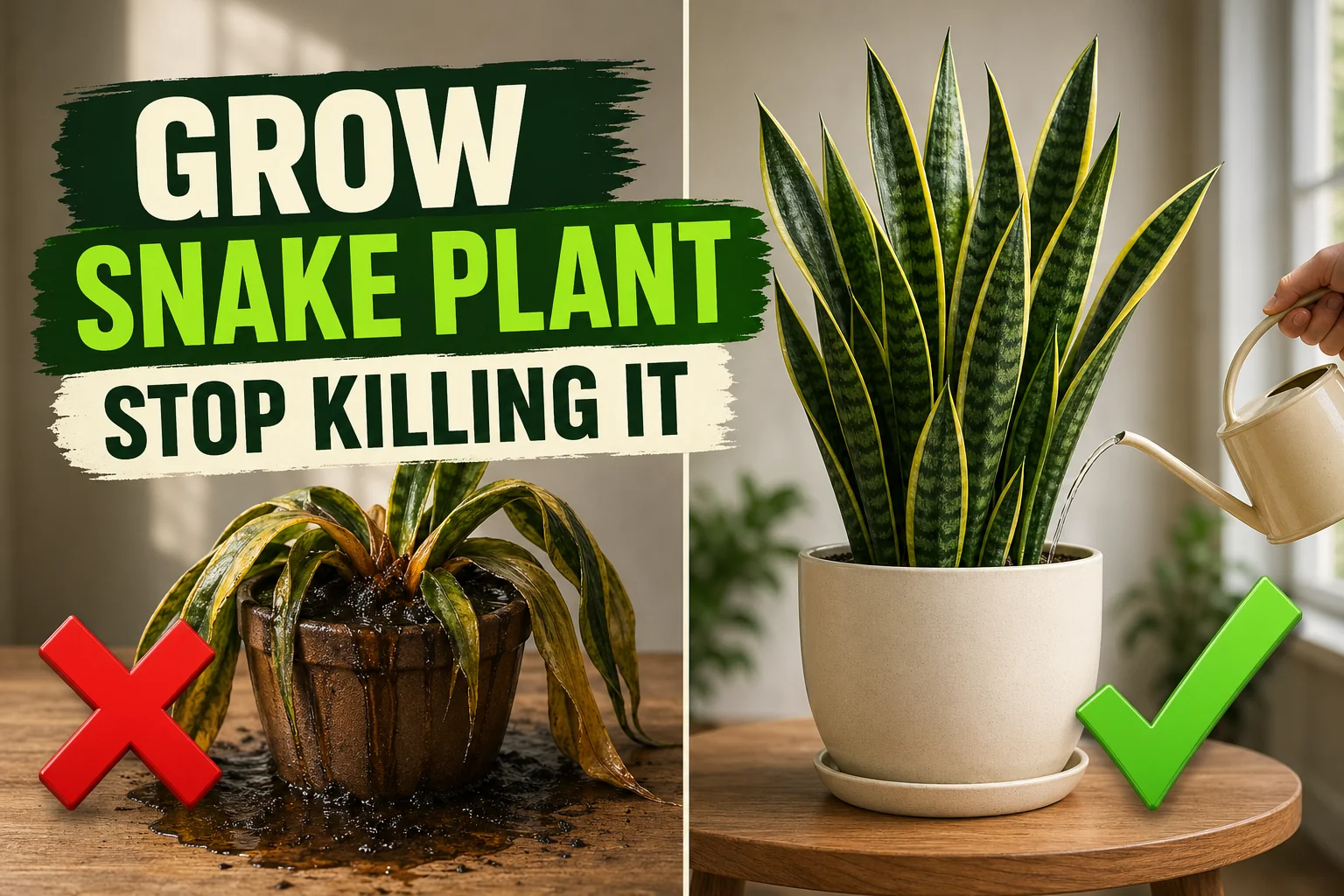 Split-screen showing an overwatered yellowing snake plant on the left versus a thriving tall variegated snake plant in a cream ceramic pot on the right.