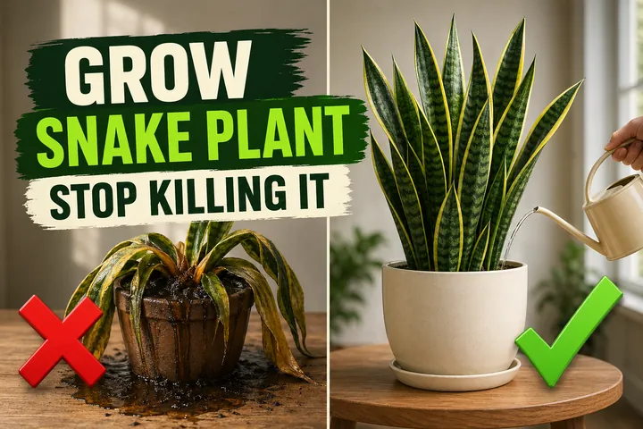 Split-screen showing an overwatered yellowing snake plant on the left versus a thriving tall variegated snake plant in a cream ceramic pot on the right.