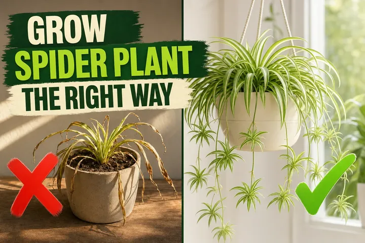 Split-screen showing a spider plant with brown crispy tips on the left and a lush spider plant with cascading variegated leaves and pups on the right.