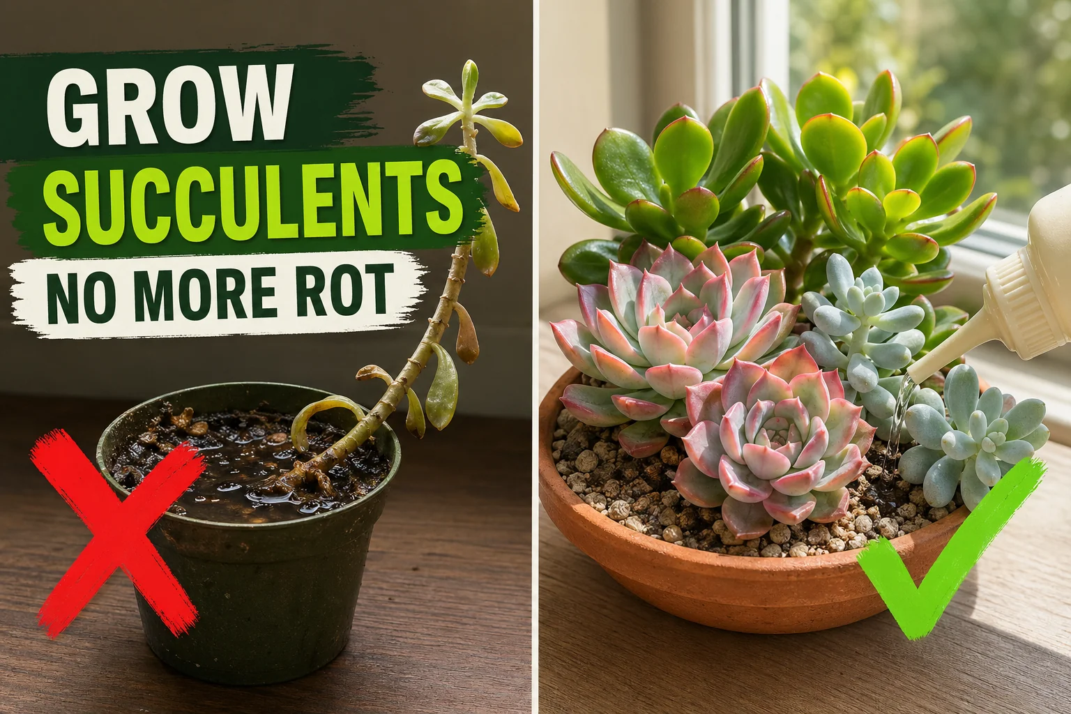 Split-screen succulent care comparison: a stretched, yellowing