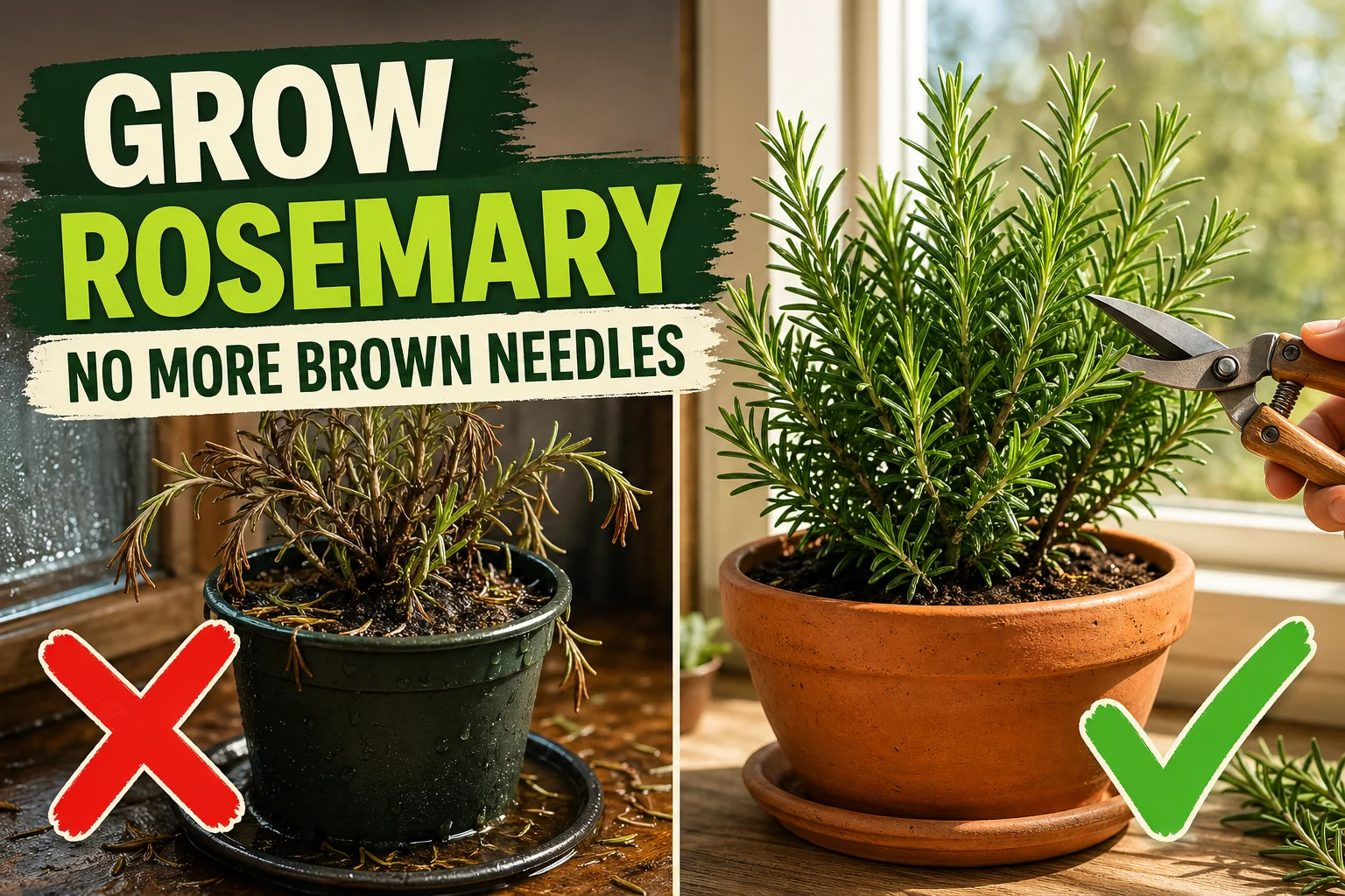 Split-screen showing a wilted brown rosemary in a soggy pot on the left versus a lush bushy rosemary in a sunny terracotta pot being pruned on the right.