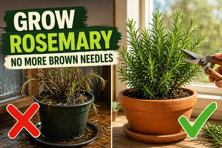 Split-screen showing a wilted brown rosemary in a soggy pot on the left versus a lush bushy rosemary in a sunny terracotta pot being pruned on the right.