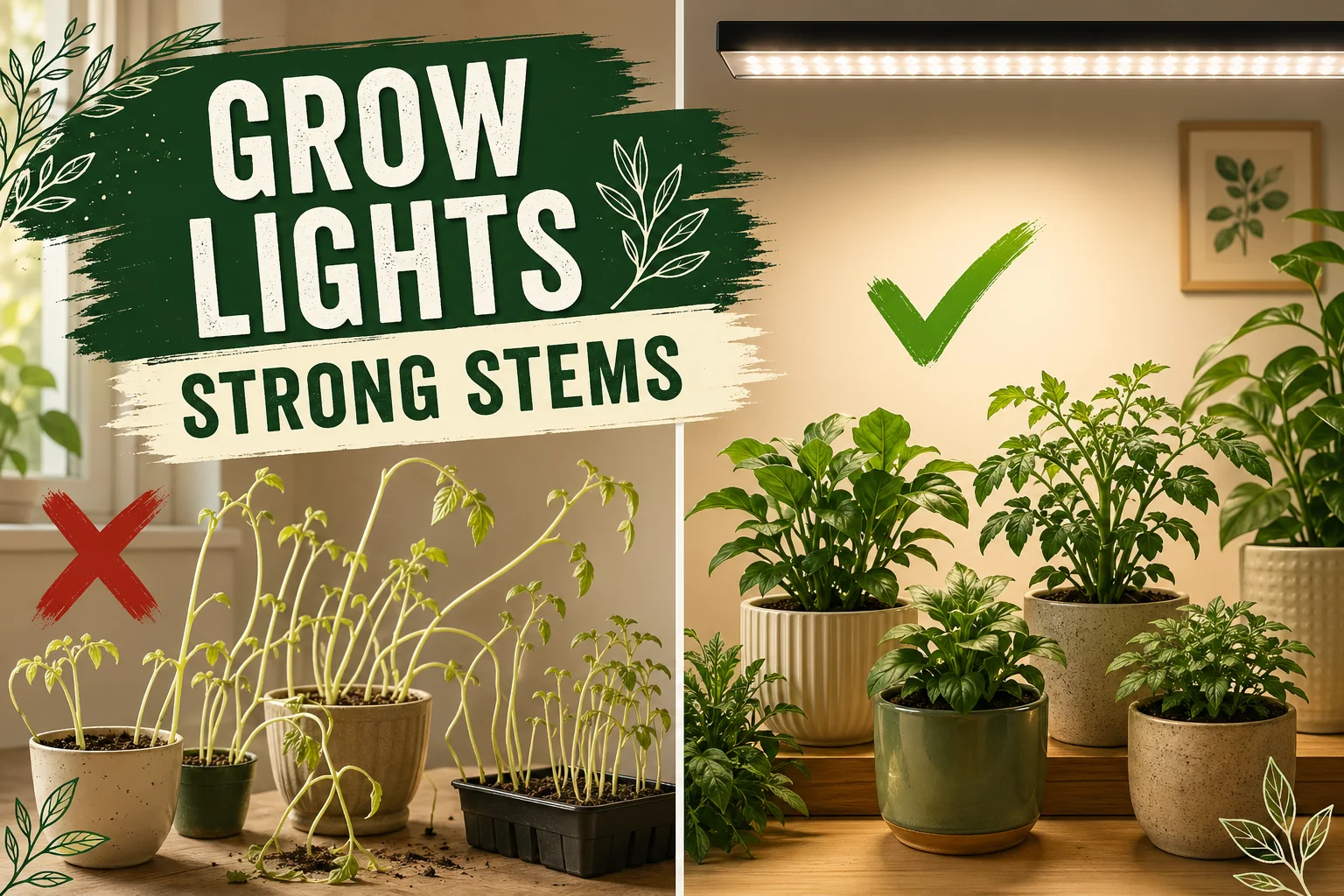 Pale etiolated pothos in a dark corner on the left versus a lush deep-green pothos thriving under a full-spectrum LED grow light on the right.