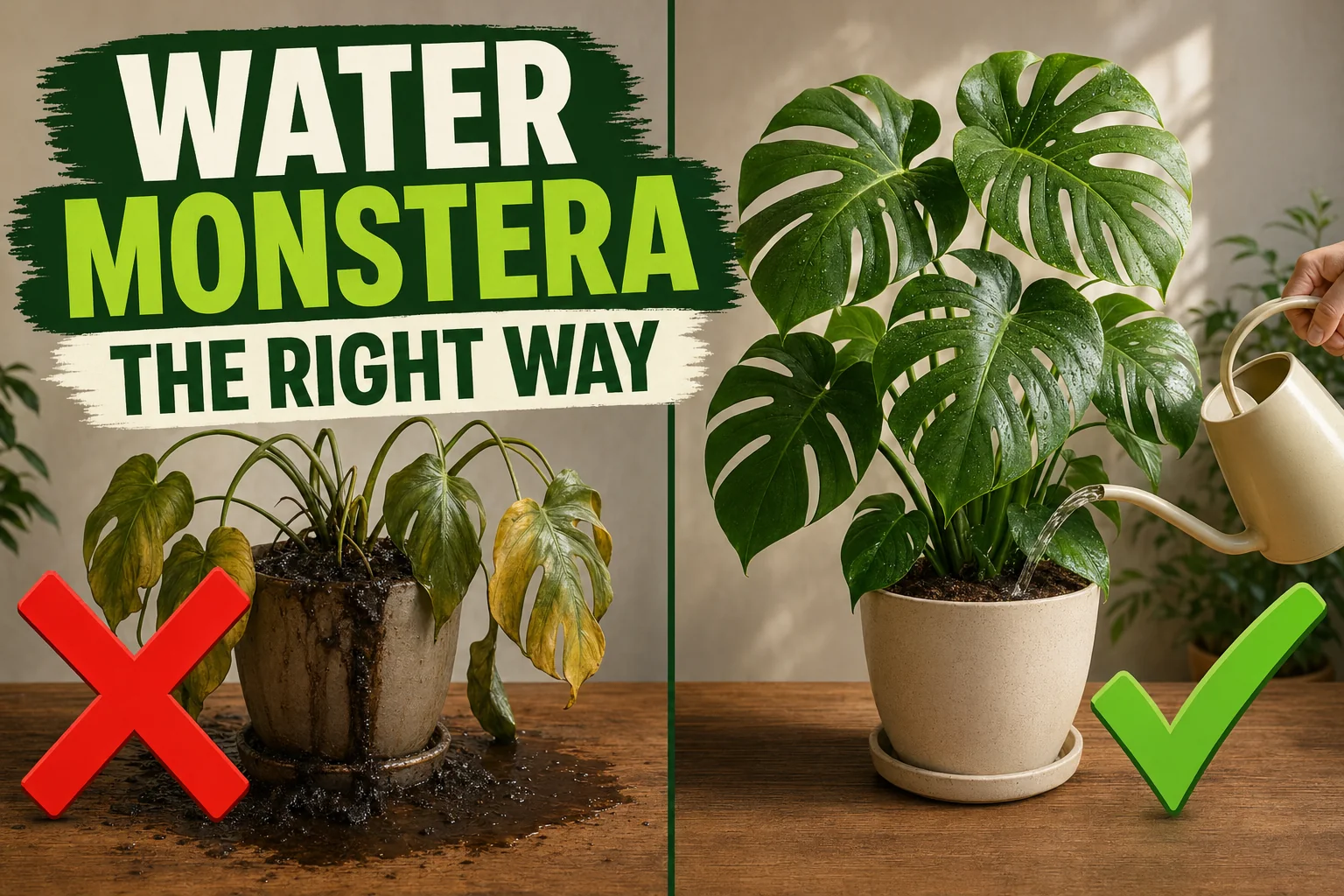 Split-screen Monstera watering: a yellowing overwatered Monstera deliciosa with soggy soil versus a thriving fenestrated Monstera watered with a cream can.