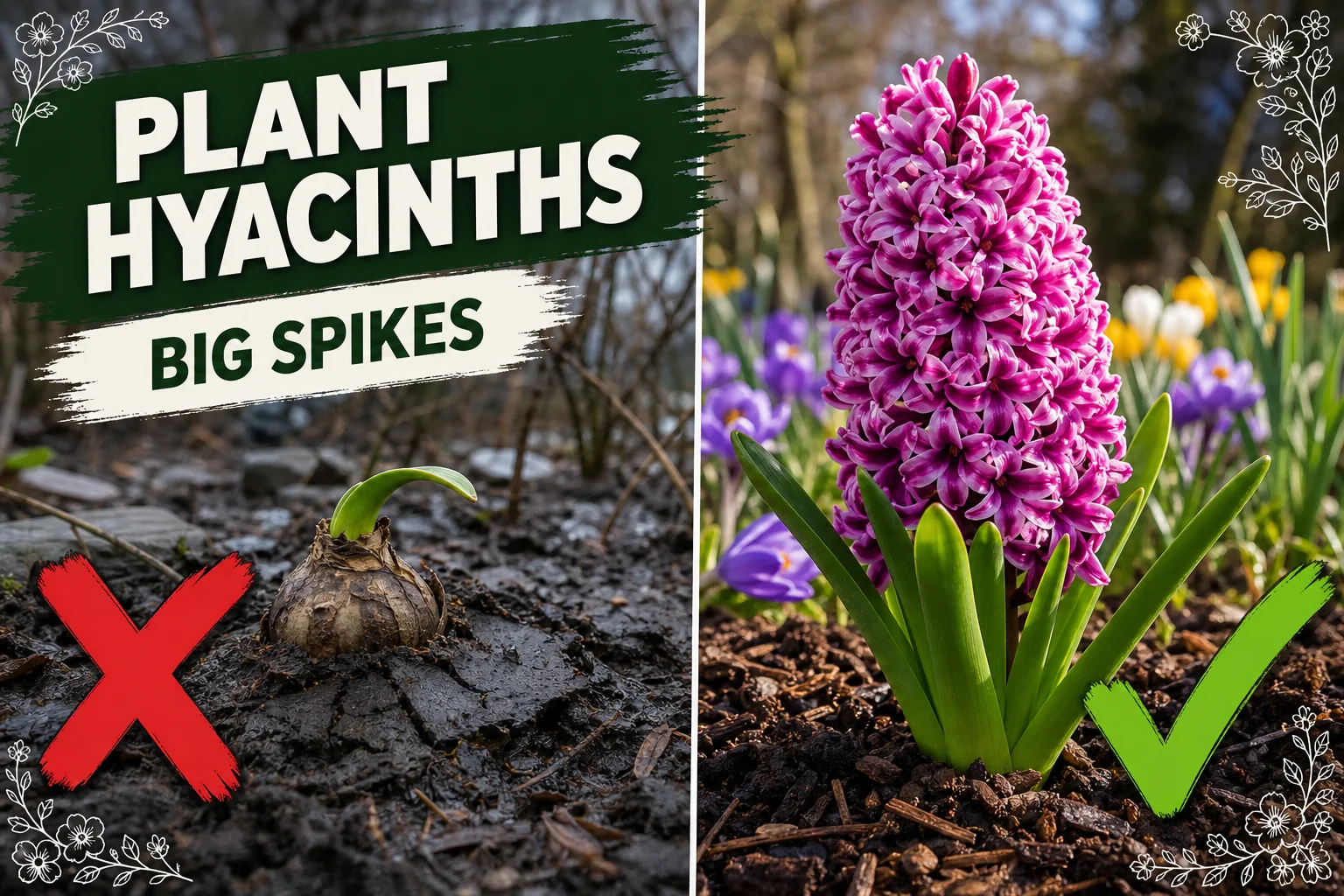 Dense fragrant hyacinth flower spikes in pink, purple, and white blooming in a sunny spring garden border with healthy strappy foliage.