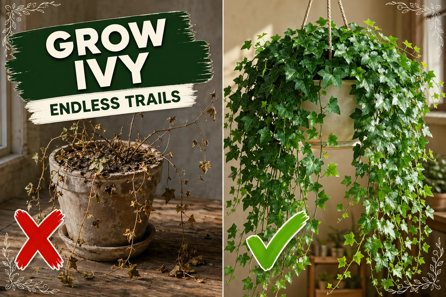 Split-screen ivy: sparse leggy dry English ivy with crispy leaves versus lush cascading Hedera helix trailing from a hanging cream pot.