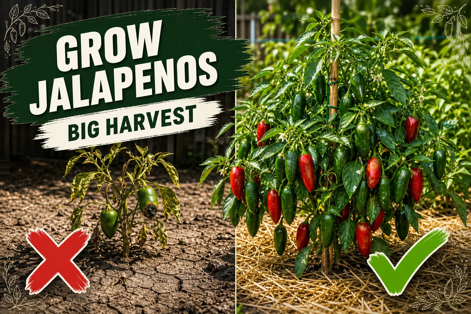 A heavily fruiting jalapeno pepper plant covered with glossy green and ripening red peppers, supported by a stake in a sunny vegetable garden.