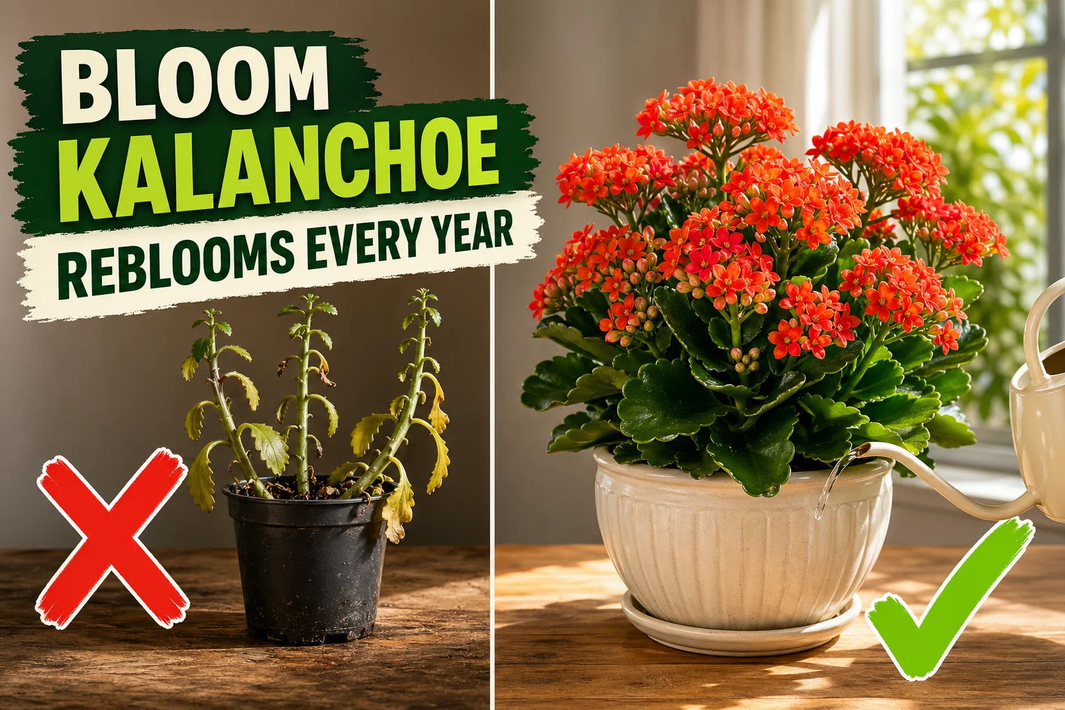 Split-screen comparison showing a tired flowerless leggy Kalanchoe on the left versus a thriving Kalanchoe blossfeldiana covered in dense red-orange blooms on