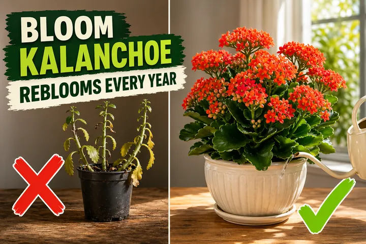 Split-screen comparison showing a tired flowerless leggy Kalanchoe on the left versus a thriving Kalanchoe blossfeldiana covered in dense red-orange blooms on