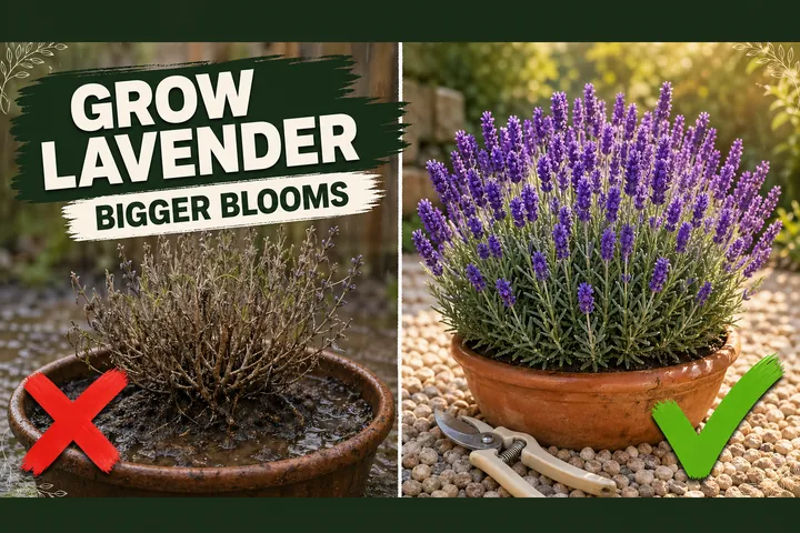 Split-screen lavender: leggy plant with bare woody stems in soggy soil versus a compact bush covered in vivid purple flower spikes.