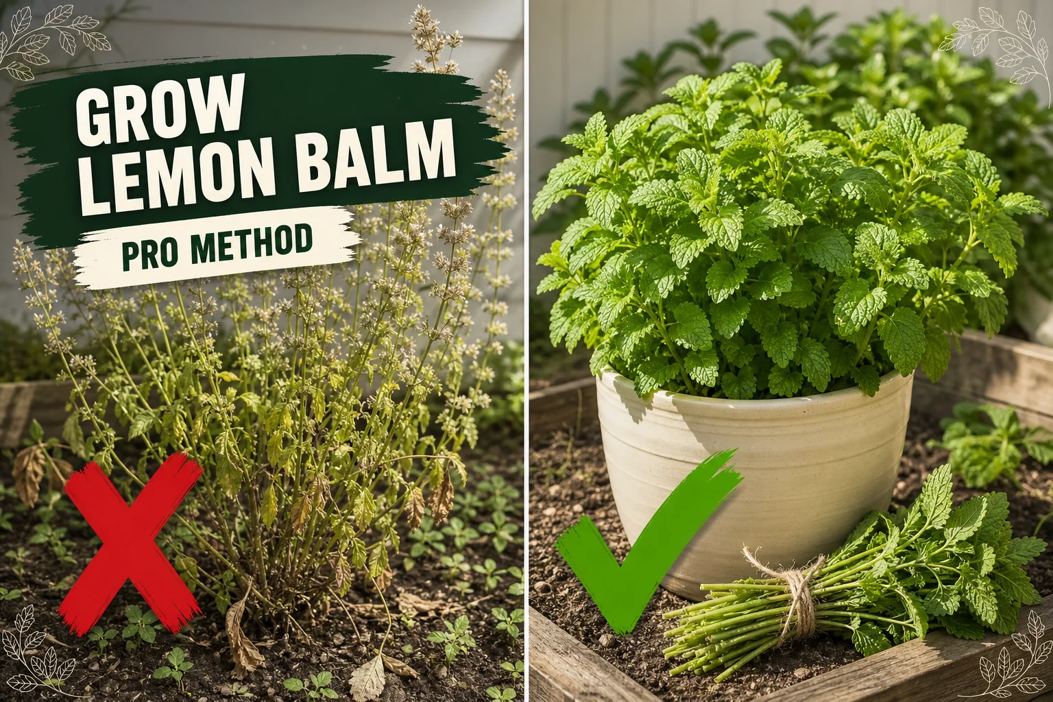 Split-screen lemon balm care: leggy bolted plant gone to seed on the left versus a compact bushy Melissa officinalis with fragrant fresh leaves on the right.