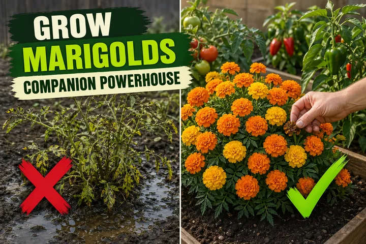 Split-screen comparison showing a leggy yellowing marigold with fungal leaf spot on the left versus a thriving mound of orange and yellow marigolds beside.