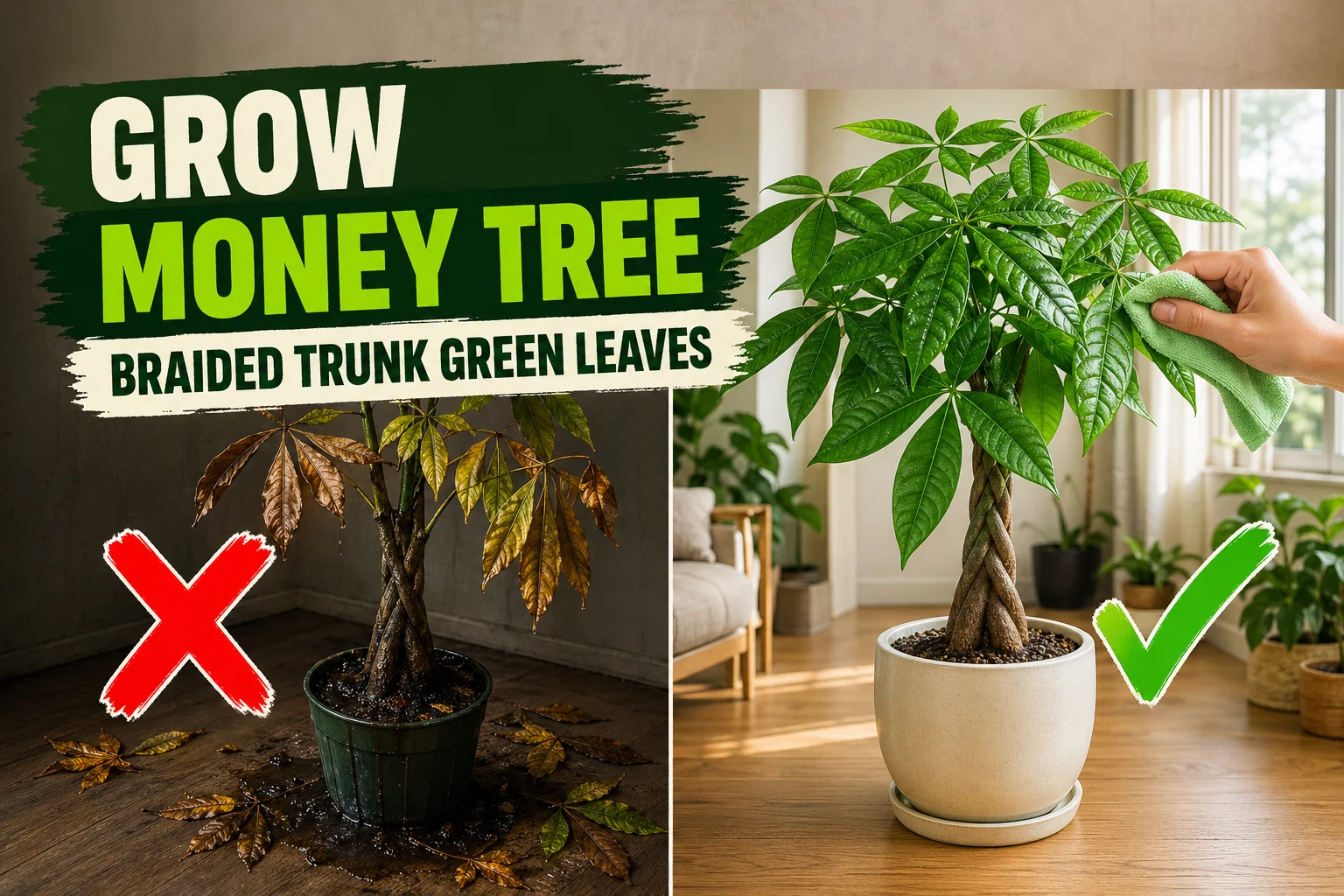 Split-screen money tree care: a wilting Pachira aquatica with yellow drooping leaves on the left versus a thriving braided money tree with bright green palmate.