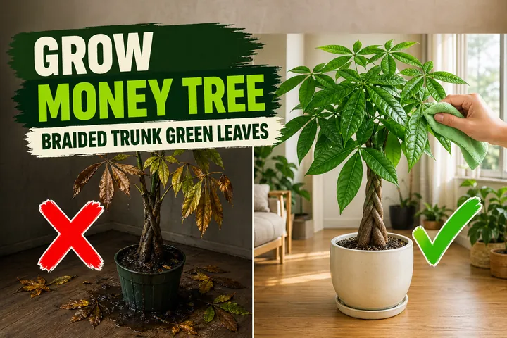 Split-screen money tree care: a wilting Pachira aquatica with yellow drooping leaves on the left versus a thriving braided money tree with bright green palmate.
