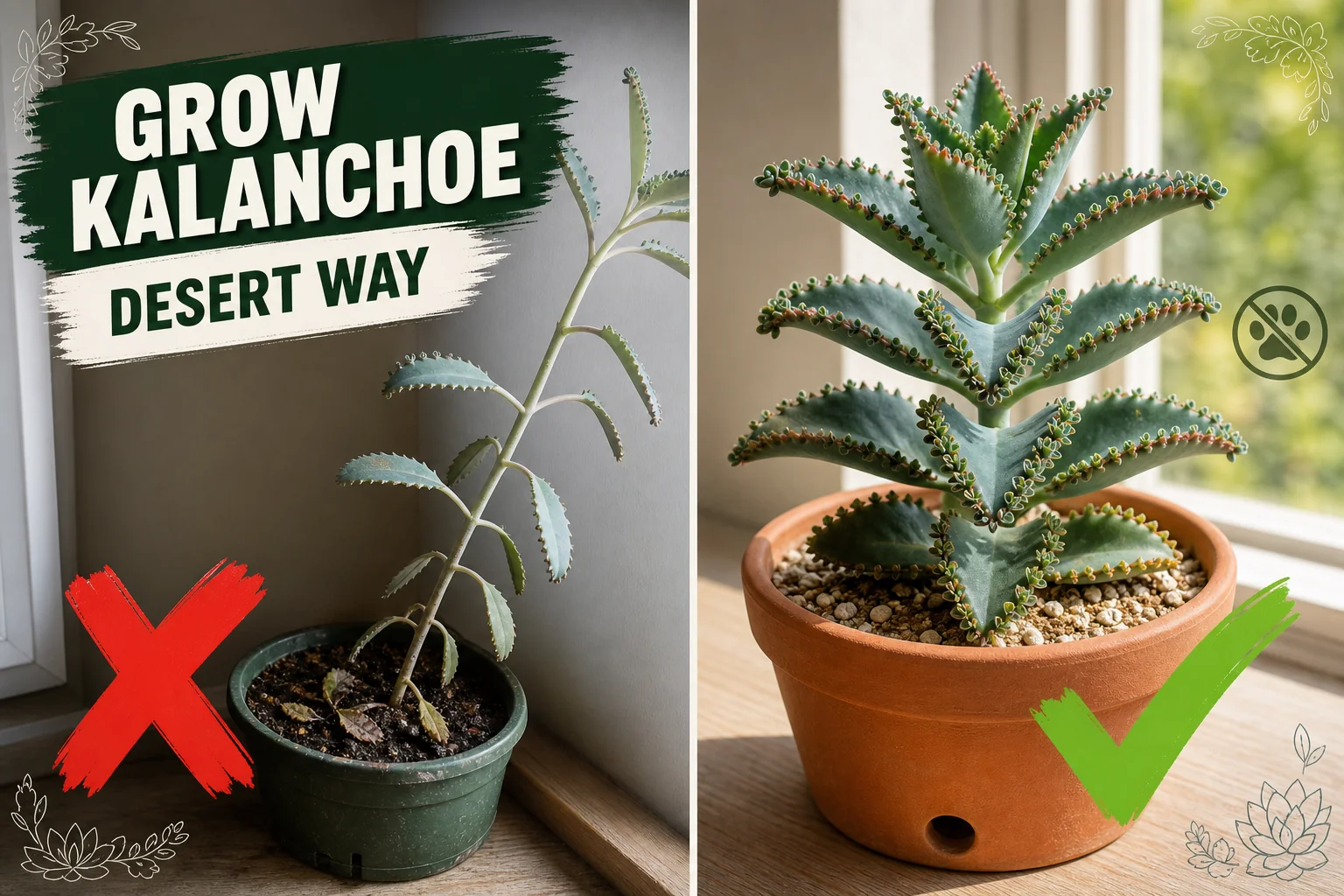 Split-screen mother of thousands: a stretched etiolated Kalanchoe daigremontiana on the left versus a compact upright plant fringed with plantlets on the right.