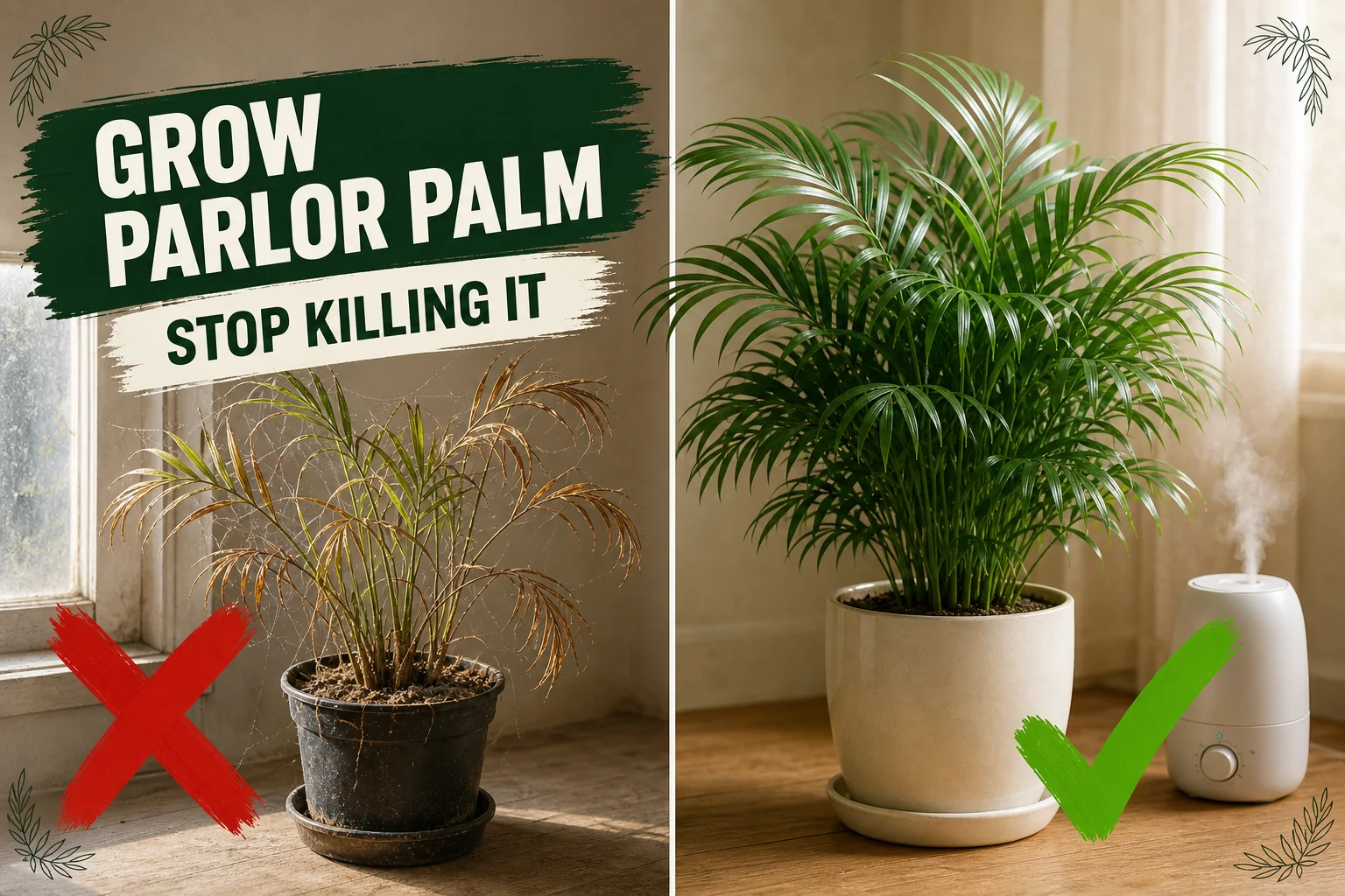 Split-screen parlor palm care: a palm with brown tips and mite webbing on the left versus a thriving Chamaedorea elegans with lush fronds on the right.