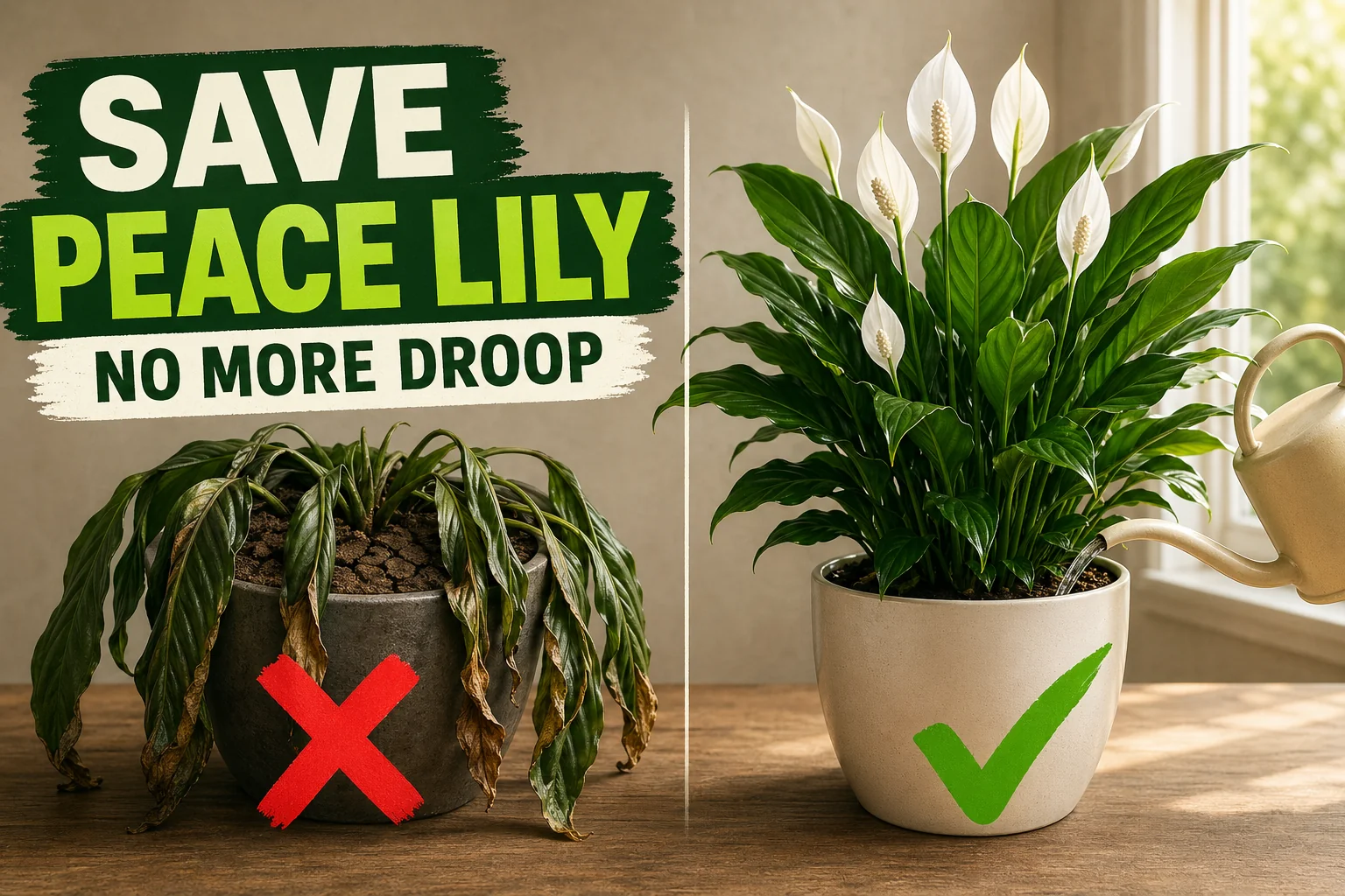 Split-screen comparing a drooping peace lily with dry soil on the left to a thriving peace lily with white spathe flowers being watered on the right.
