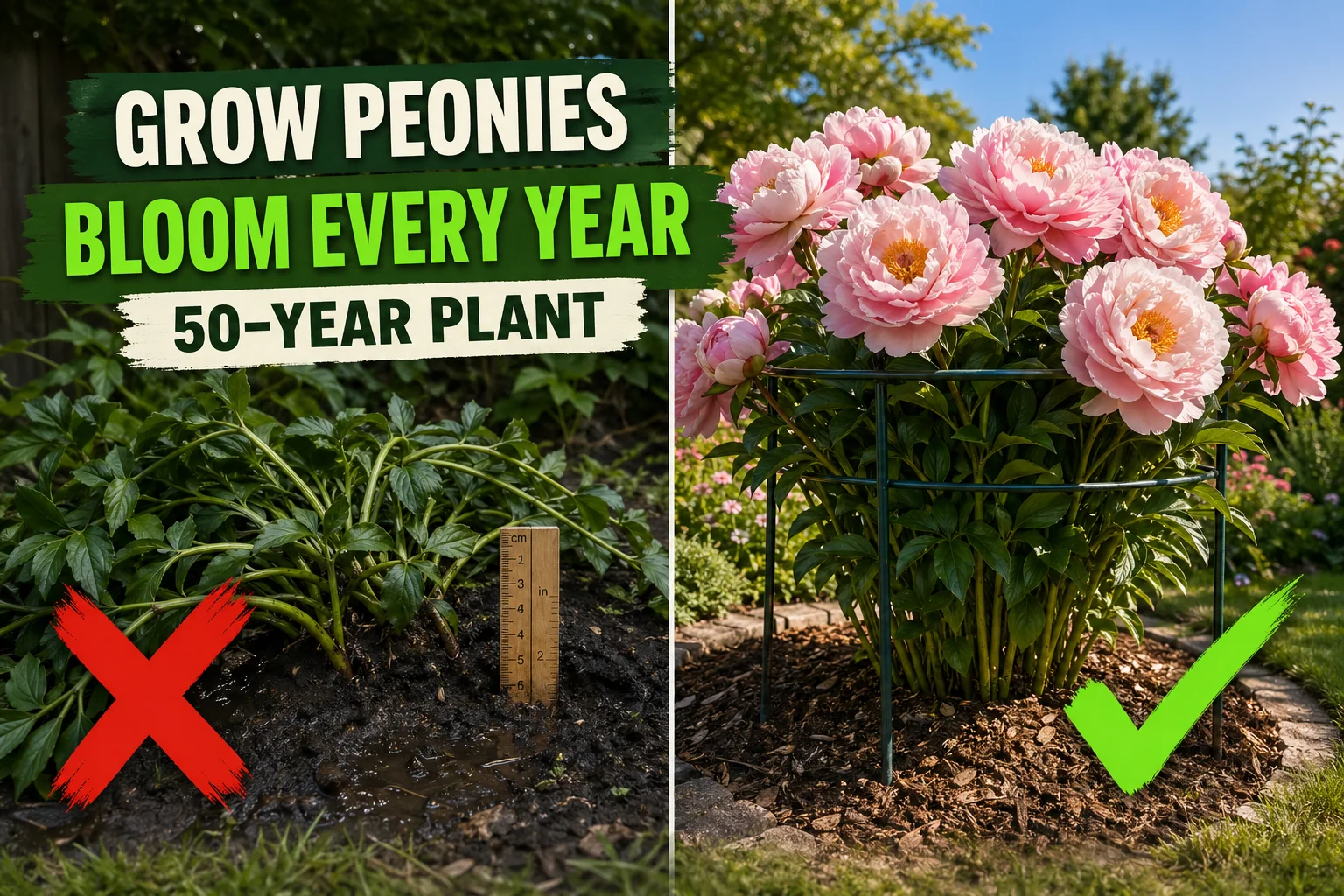 A lush herbaceous peony bush covered in large pink double blooms in a sunny garden border, demonstrating healthy peony plant care.