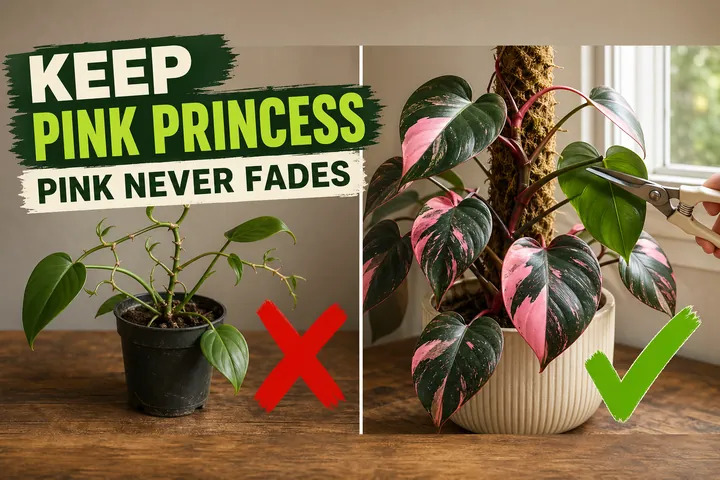 Split-screen pink princess philodendron care: a reverted all-green leggy Philodendron erubescens on the left versus a vibrant hot-pink-and-deep-green