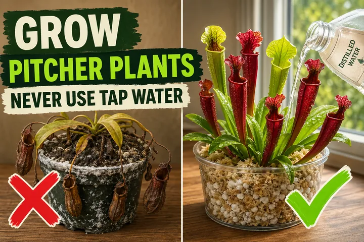 Split-screen comparison showing a brown shriveled pitcher plant burnt by tap water minerals on the left versus a vibrant red and green pitcher plant in