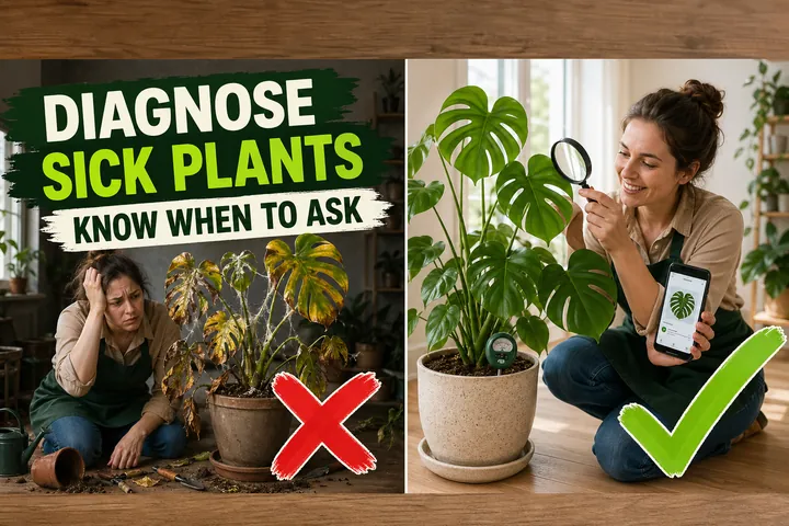 Split-screen showing a stressed houseplant with yellowing leaves and mealybugs next to a confused gardener on the left versus the same plant healthy and glossy