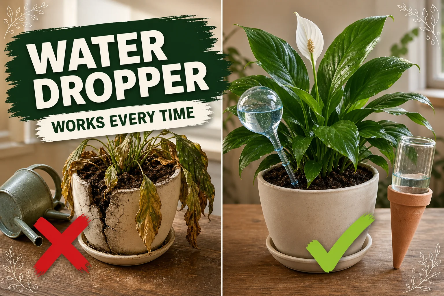 Split-screen plant water dropper: a wilted houseplant in dry soil versus a thriving peace lily with a glass watering globe releasing water into damp soil.