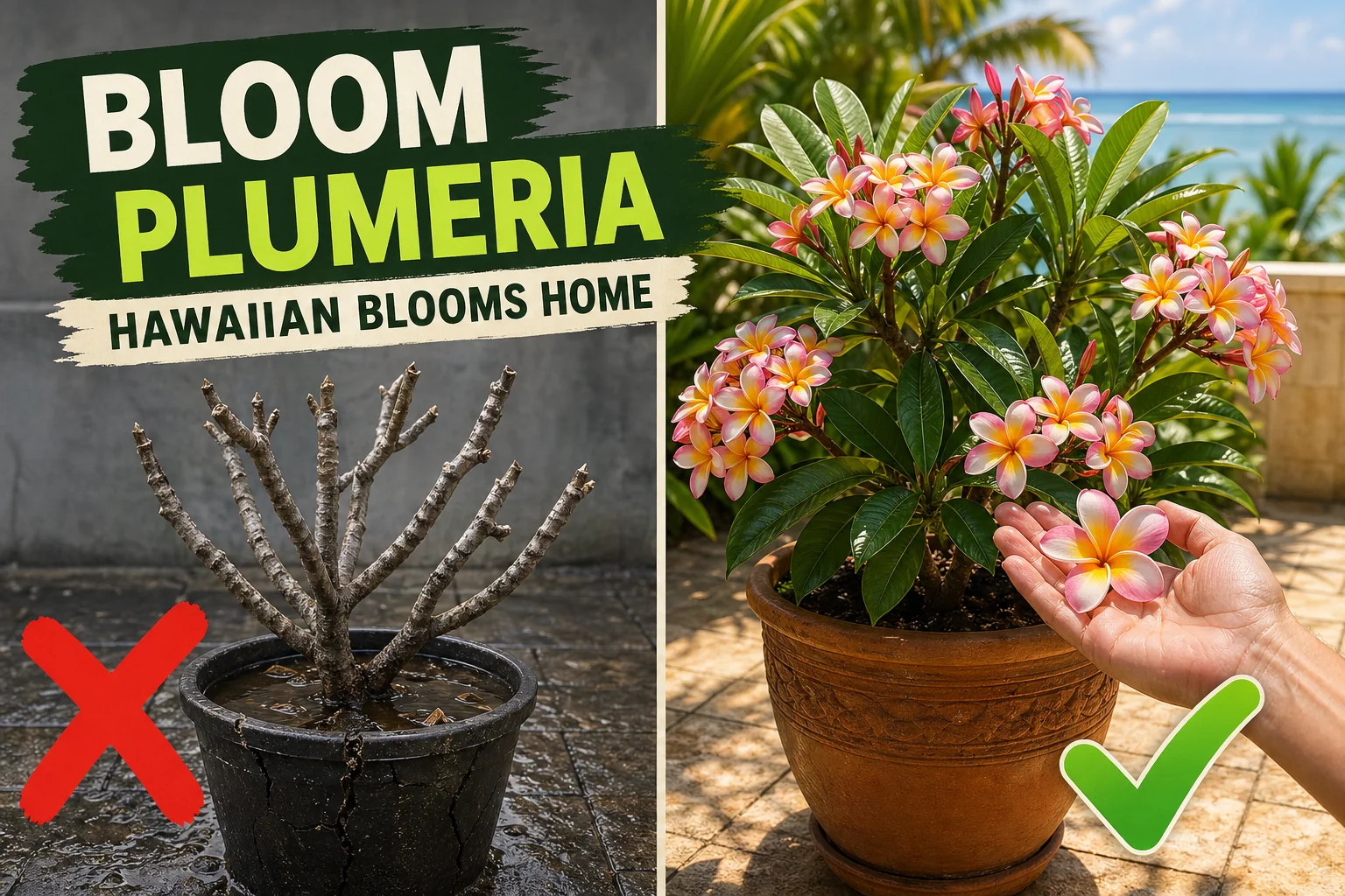 Split-screen Plumeria plant care: a leafless leggy Plumeria in soggy soil on the left versus a Plumeria covered in pink-and-yellow Hawaiian lei flowers in a