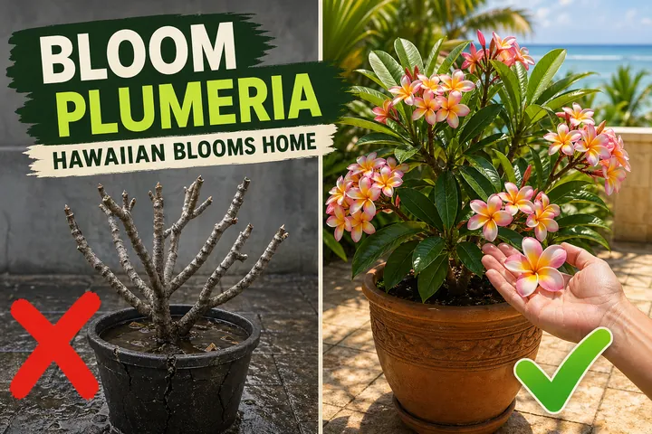 Split-screen Plumeria plant care: a leafless leggy Plumeria in soggy soil on the left versus a Plumeria covered in pink-and-yellow Hawaiian lei flowers in a