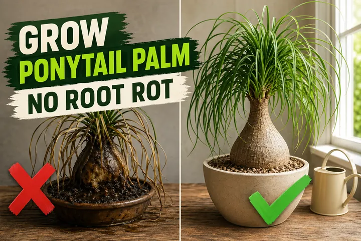 Split-screen ponytail palm care: rotting overwatered Beaucarnea on the left versus a thriving ponytail palm with bulbous caudex and arching leaves on the right.