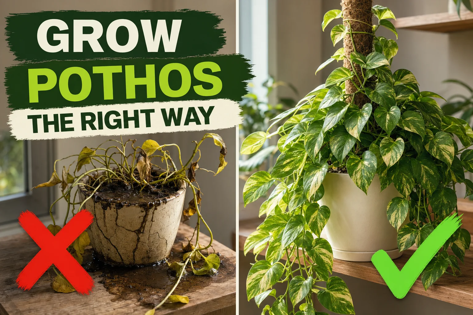 Split-screen showing a leggy pothos with yellow drooping leaves on the left and a lush cascading variegated pothos on a moss pole on the right.