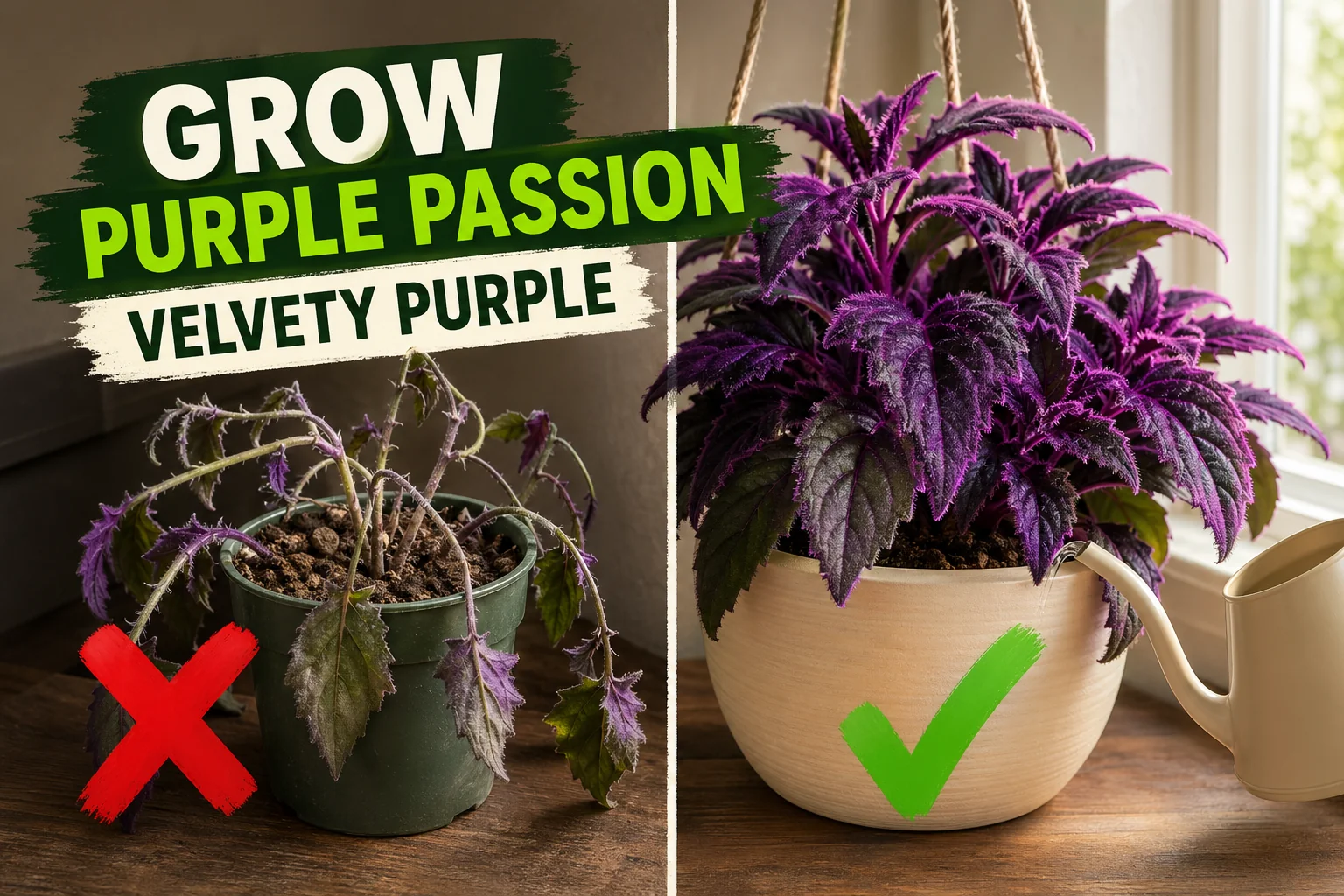 Split-screen purple passion plant care: faded leggy Gynura on the left versus a velvety deep-purple Gynura aurantiaca thriving in bright light on the right.