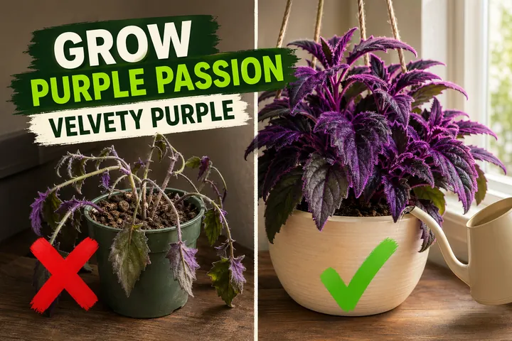 Split-screen purple passion plant care: faded leggy Gynura on the left versus a velvety deep-purple Gynura aurantiaca thriving in bright light on the right.