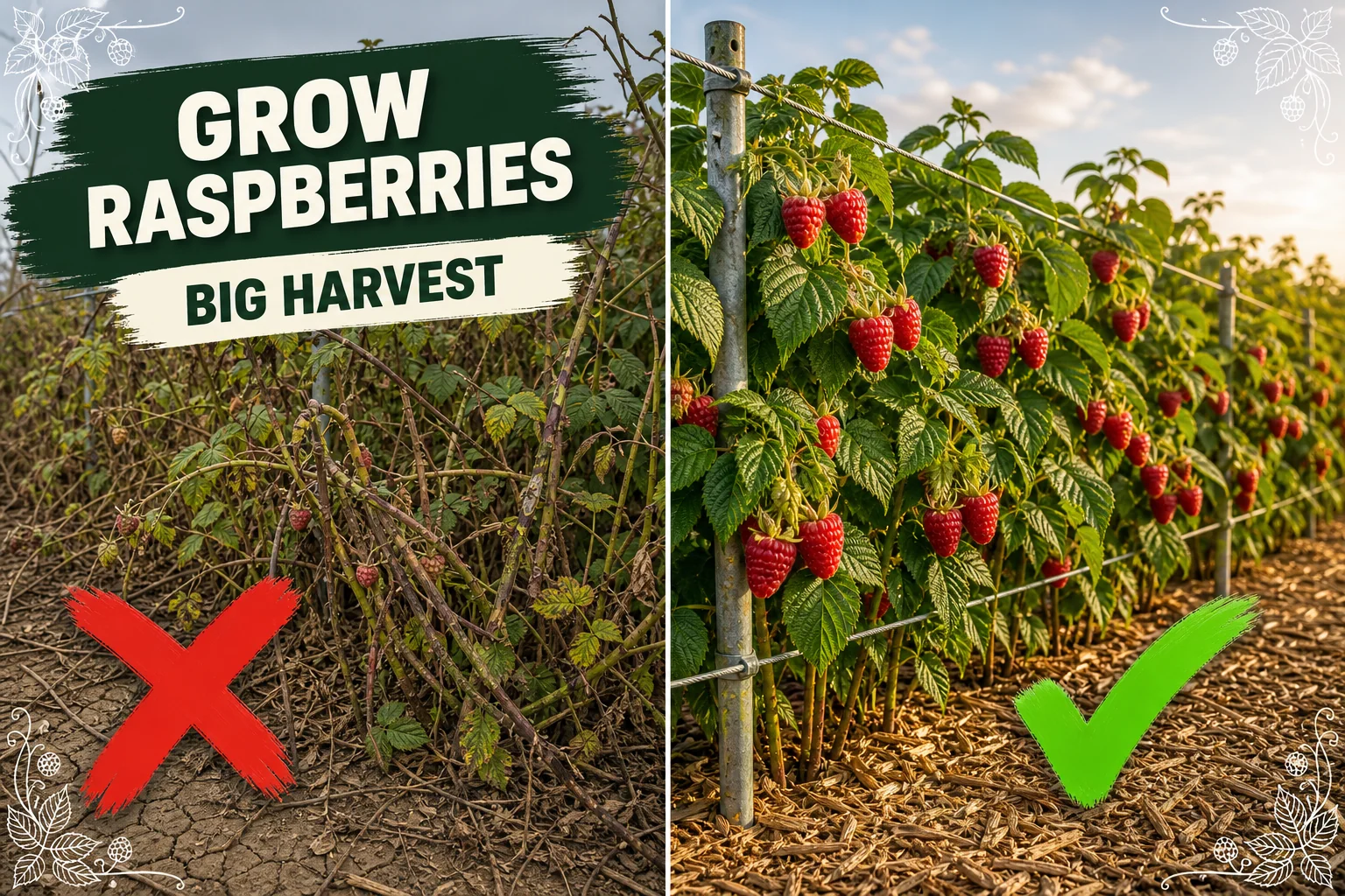 Split-screen raspberry care: tangled unpruned canes with anthracnose on the left versus a trellised row of fruiting summer-bearing canes on the right.