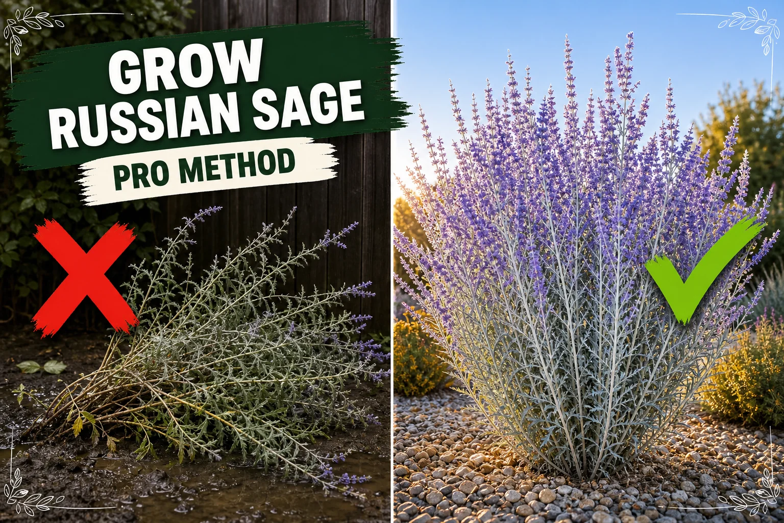 Split-screen showing a leggy floppy Russian sage in shade and damp soil versus a thriving silvery Russian sage with lavender-blue flowers in full sun.