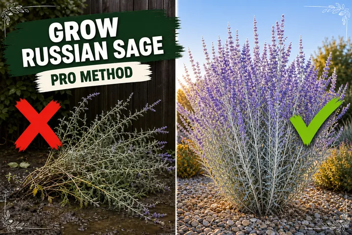 Split-screen showing a leggy floppy Russian sage in shade and damp soil versus a thriving silvery Russian sage with lavender-blue flowers in full sun.