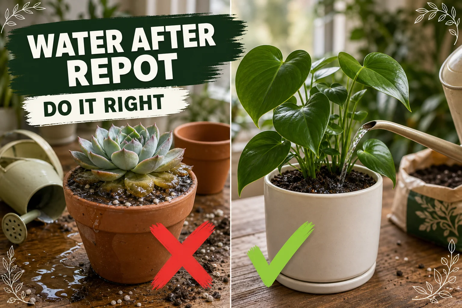 Split-screen of a freshly repotted houseplant being watered correctly versus a shrunken succulent watered too soon after repotting.