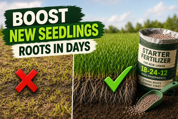 Split-screen: a thin yellow patchy seeded lawn on the left vs a thick green new lawn with deep roots after starter fertilizer on the right.