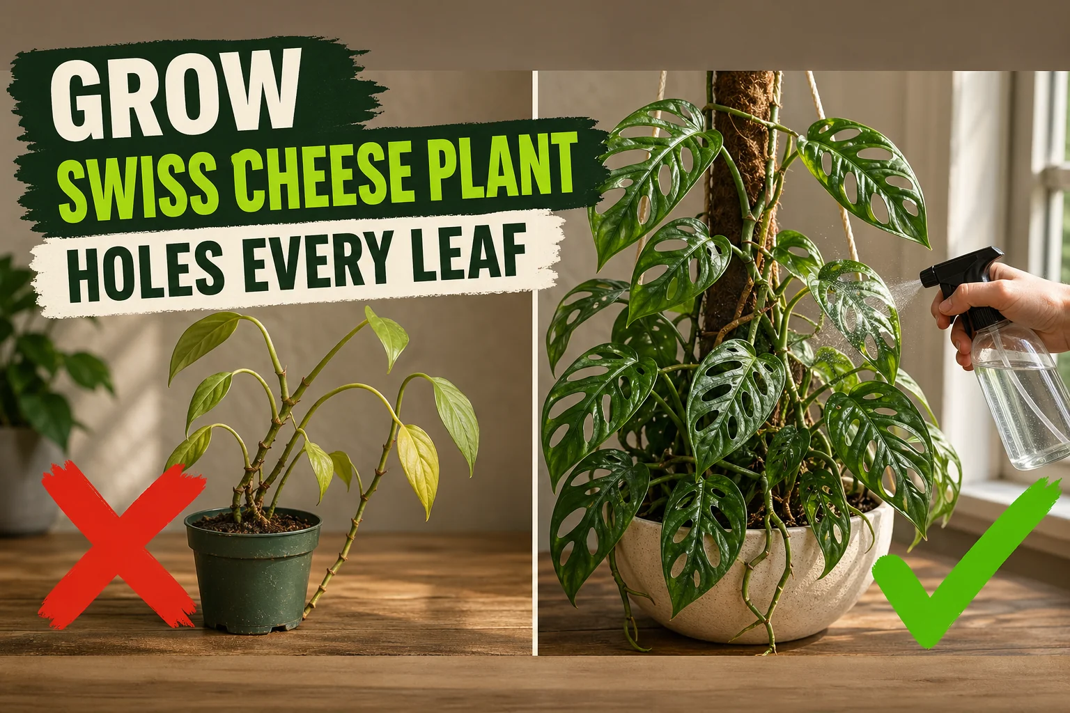 Split-screen Swiss cheese plant care: a leggy yellowing Monstera adansonii with no holes versus a lush adansonii with fenestrated leaves climbing a moss pole.