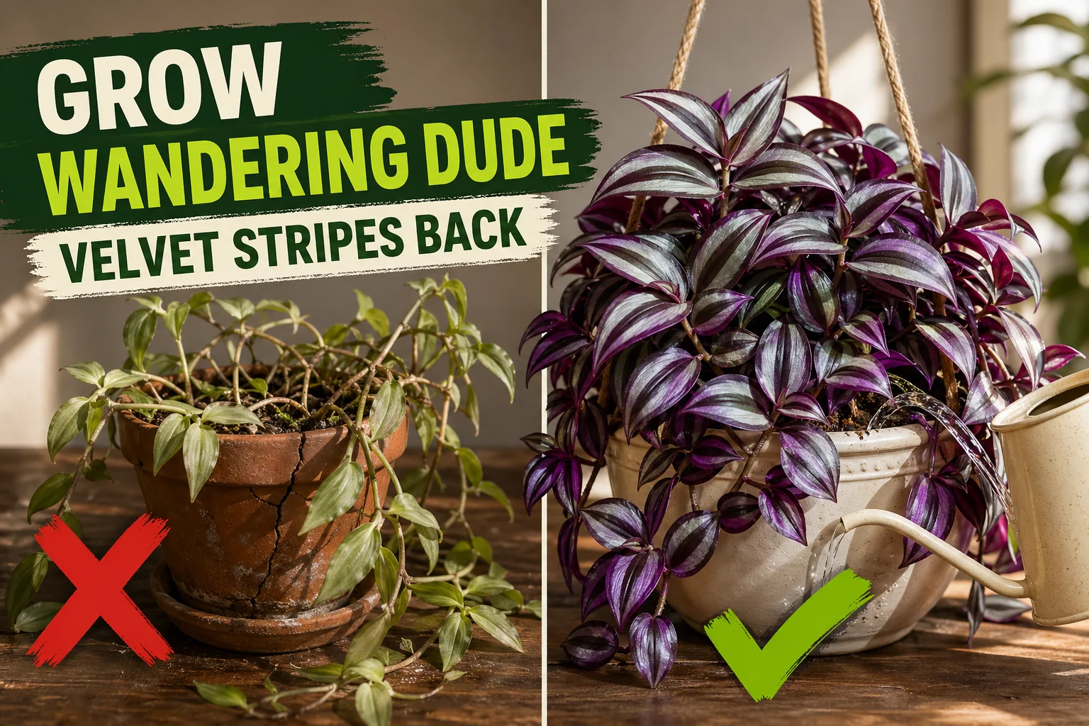 Split-screen wandering dude plant care: a leggy faded green Tradescantia zebrina on the left versus a vibrant silver-and-purple striped wandering dude