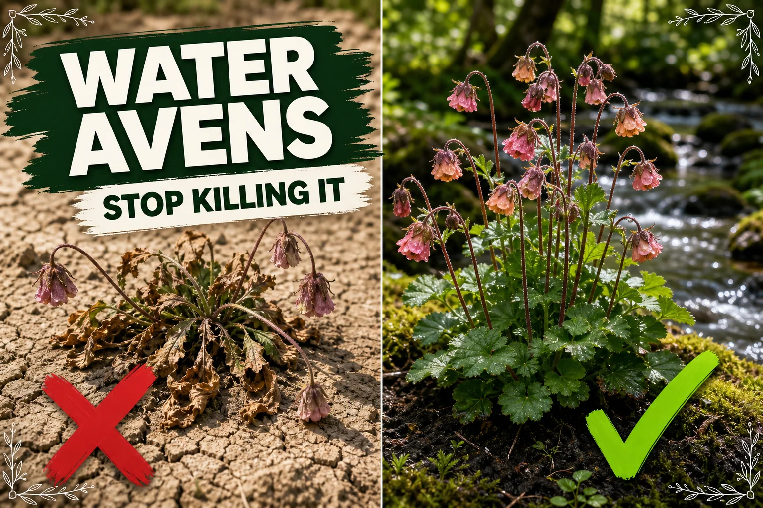 Split-screen water avens: a wilted Geum rivale on dry soil versus a thriving clump of nodding rose-pink water avens along a damp streamside in dappled shade.