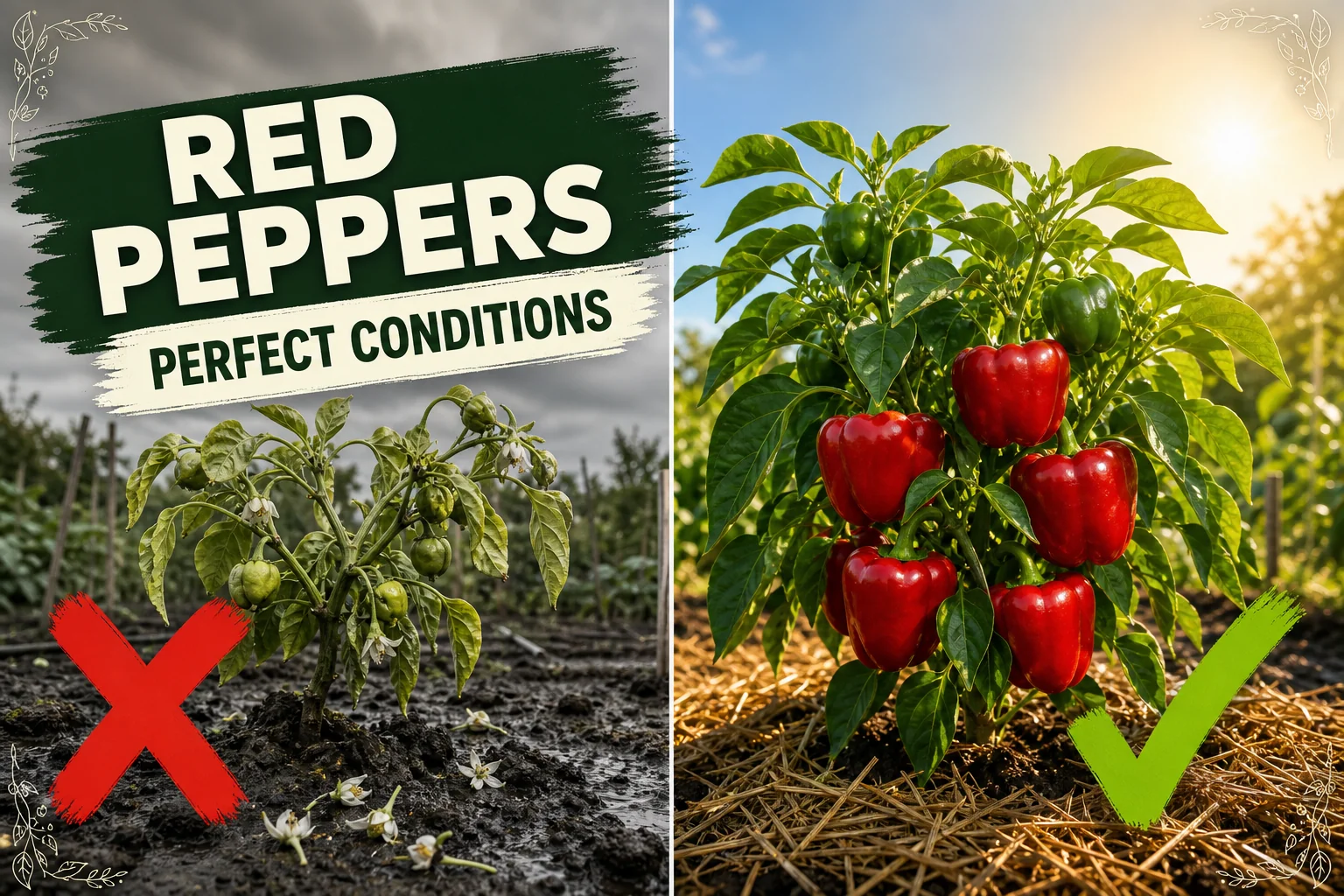 Split-screen of red pepper plants struggling in cold cloudy conditions versus thriving red pepper plants loaded with deep red ripe peppers in warm sun.