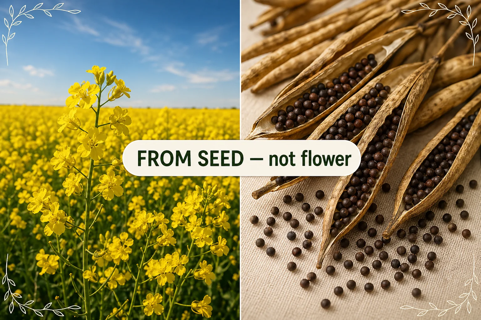 Split-screen: canola field in yellow bloom on the left, ripe seed pods split open revealing dark seeds on the right, with pill label FROM SEED.