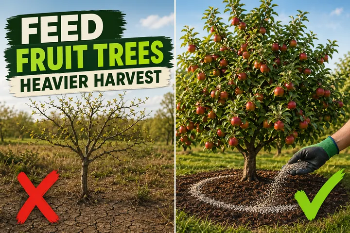 Split-screen: a starved apple tree with sparse yellow leaves and bare soil left, a heavily-laden apple tree being fed granular fertilizer right.