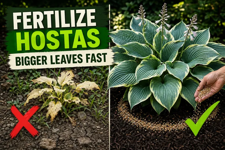 Split-screen hero: a starved yellowing hosta with thin leaves on the left, and a lush blue-green variegated hosta being fed slow-release granular fertilizer.