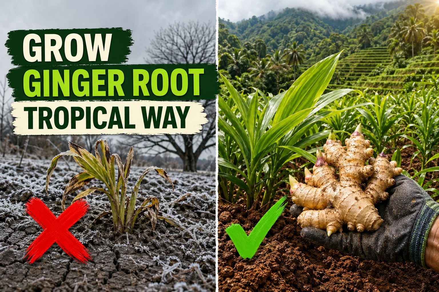 Split-screen showing a frost-bitten ginger plant in a cold garden on the left and a thriving tropical ginger field with green stems on the right.