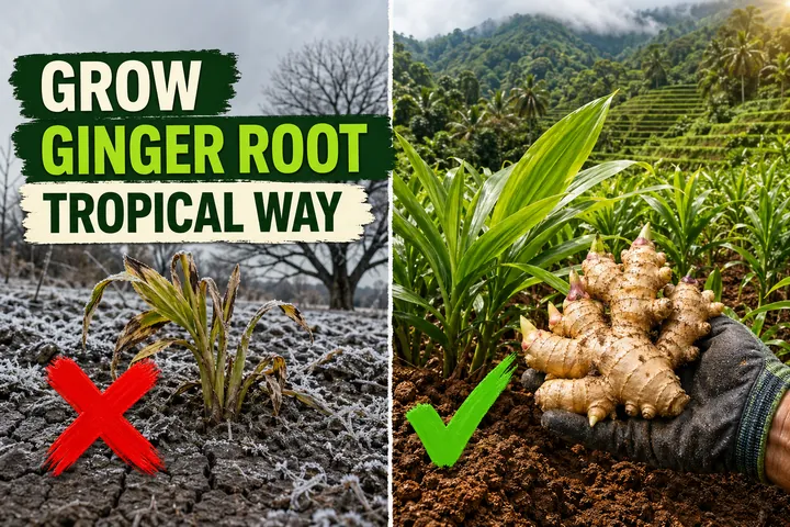 Split-screen showing a frost-bitten ginger plant in a cold garden on the left and a thriving tropical ginger field with green stems on the right.