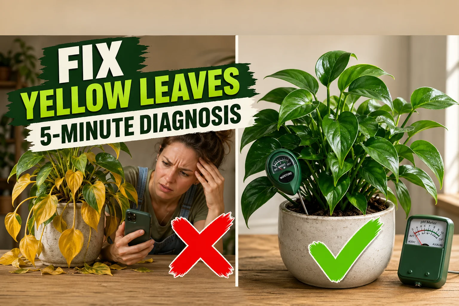 Split-screen of a confused gardener with a yellowing houseplant on the left versus a healthy green plant with a soil moisture meter and pH tester.