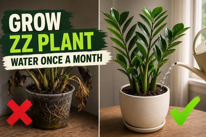 Split-screen showing a rotting yellowing ZZ plant in soggy soil on the left and a thriving glossy emerald-green ZZ plant in a cream ceramic pot on the right.