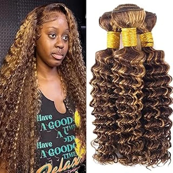 Loose Deep Ombre Bundles P427 Dark Brown and Honey Blonde Mix Deep Wave Human Hair Bundles Piano Color P4/27 Highlight Honey Blonde Weave Hair Extensions 24 26 28 Inch