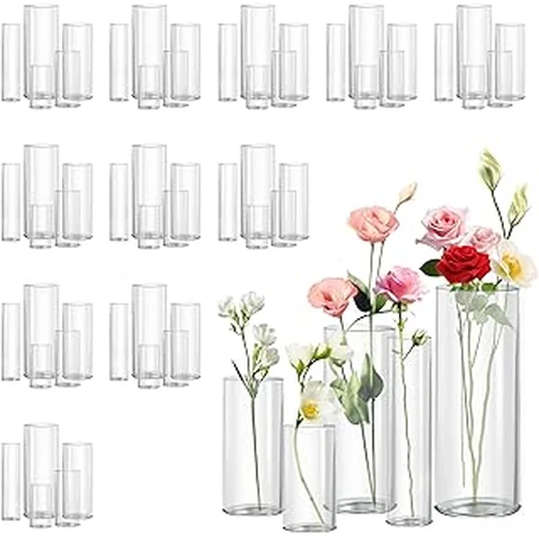 60pcs Cylinder Glass Vase for Centerpieces, 4,6,7.5,8,10 inch Tall Clear Flower Vase Bulk Floating Candle Holder for Wedding Table Home Décor and Party